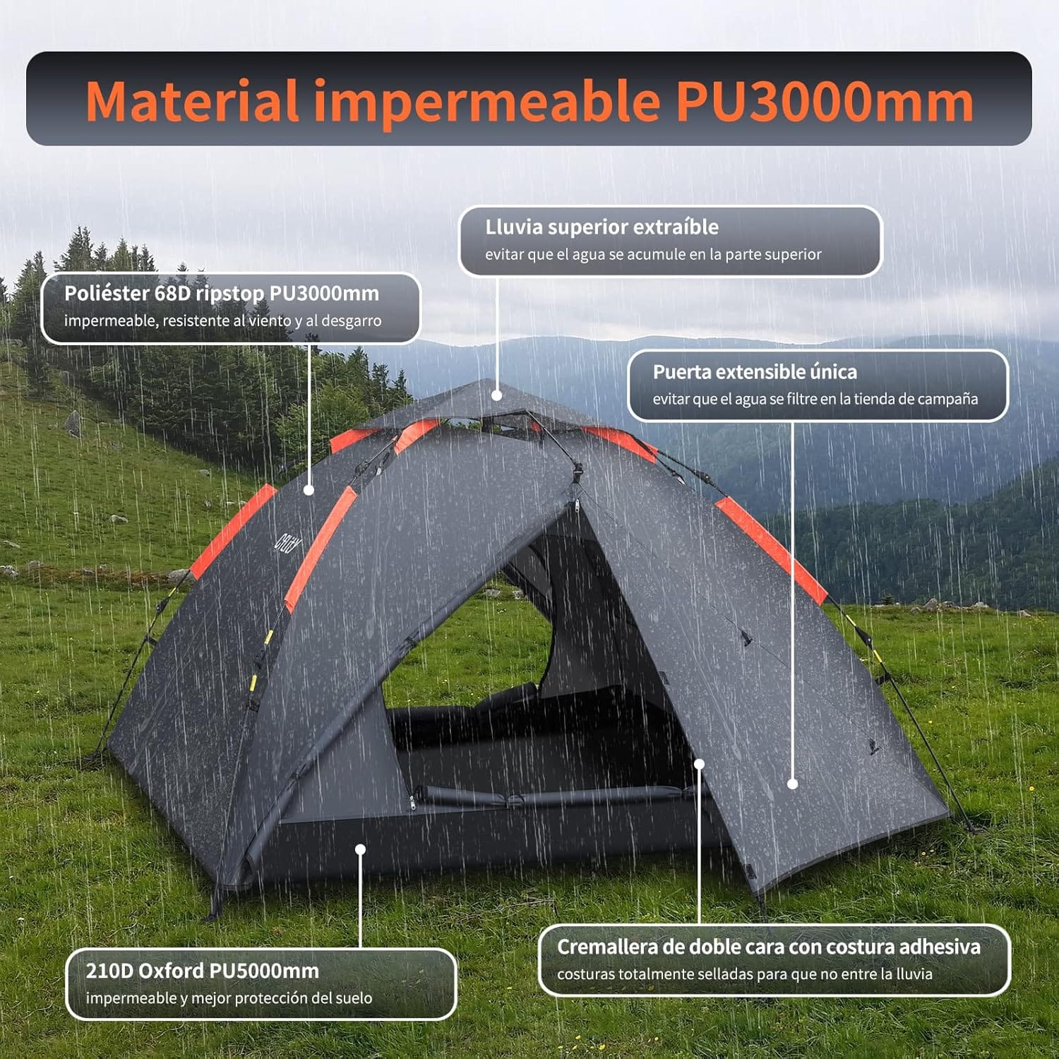 Tienda de campaña de poliéster impermeable bajo la lluvia